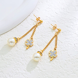 Клевер из нержавеющей стали с круглыми подвесками-серьгами, с искусственным жемчугом и стразами