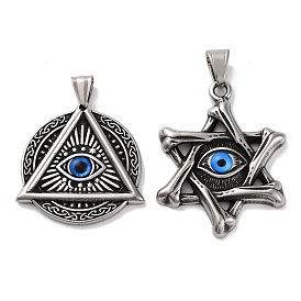 304 Stainless Steel Pendants, with Resin Evil Eye, Star of David/Flat Round with Triangle, Antique Silver