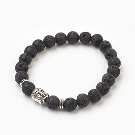Bracelets extensibles en perles de lave naturelle, avec les accessoires en alliage, Bouddha, Emballage en toile de jute, argent antique