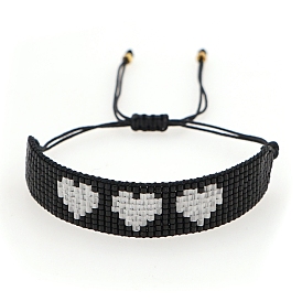 Friendship Heart Loom Pattern Seed Beads Bracelets for Women, Adjustable Nylon Cord Braided Bead Bracelets