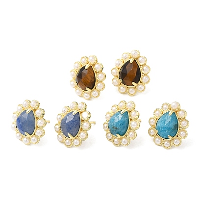 Natural Mixed Gemstone Teardrop Stud Earrings with Plastic Pearl Beaded, Real 14K Gold Plated Brass Jewelry