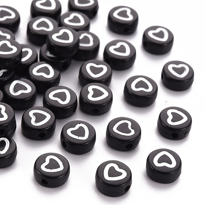 Opaque Black Acrylic Beads, Flat Round with White Heart