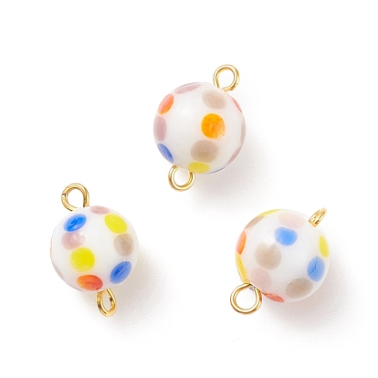 Handmade Lampwork Connector Charms, with Brass Double Loops, Round with Colorful Polka Dot Pattern