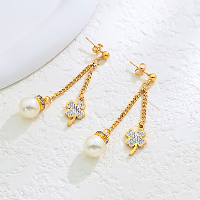 Клевер из нержавеющей стали с круглыми подвесками-серьгами, с искусственным жемчугом и стразами