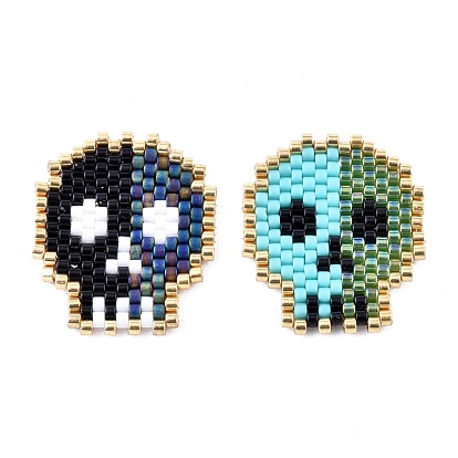 Handmade Seed Beads Pendants, with Elastic Thread, Loom Pattern, Skull
