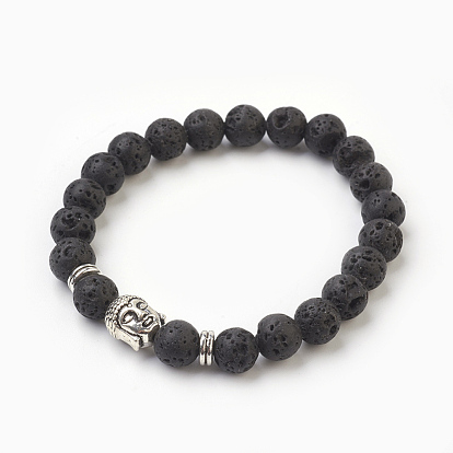 Bracelets extensibles en perles de lave naturelle, avec les accessoires en alliage, Bouddha, Emballage en toile de jute, argent antique