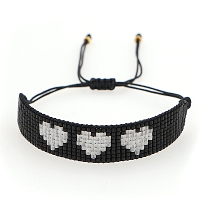 Friendship Heart Loom Pattern Seed Beads Bracelets for Women, Adjustable Nylon Cord Braided Bead Bracelets