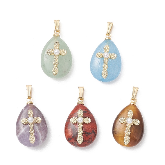 Подвески из натурального зеленого авантюрина, аметиста, окрашенного кварца, брекчированной яшмы и тигрового глаза., Подвески в форме капли с латунными креплениями и крестом из сплава., золотые