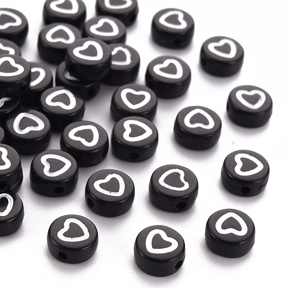 Opaque Black Acrylic Beads, Flat Round with White Heart