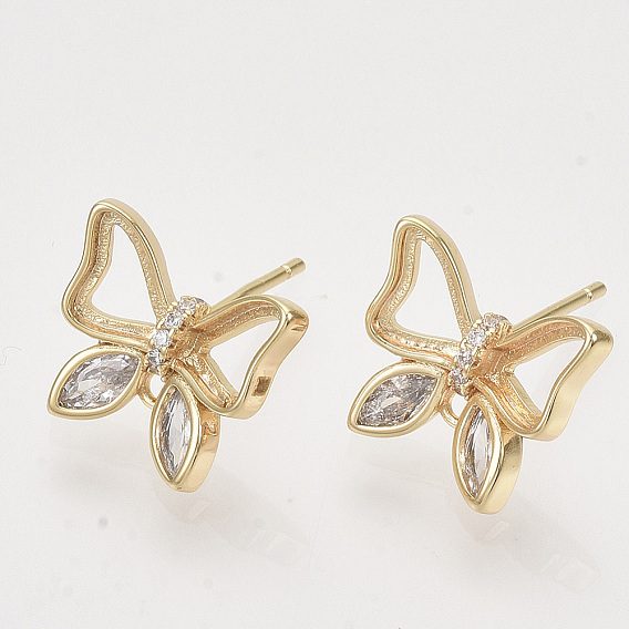 Brass Micro Pave Clear Cubic Zirconia Stud Earring Findings, with Loop, Nickel Free, Butterfly