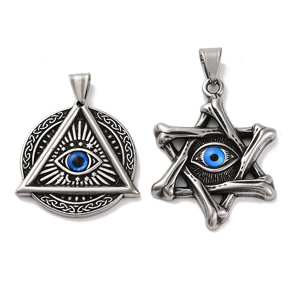 304 подвески из нержавеющей стали, со смолой сглаза, звезда Давида/плоский круг с треугольником, античное серебро