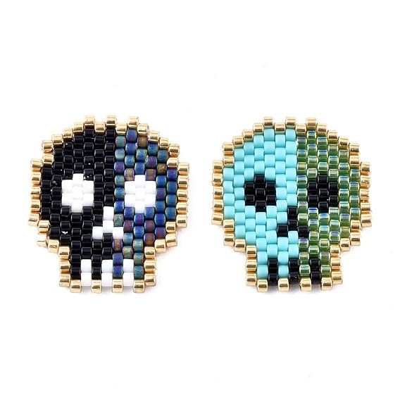 Handmade Seed Beads Pendants, with Elastic Thread, Loom Pattern, Skull