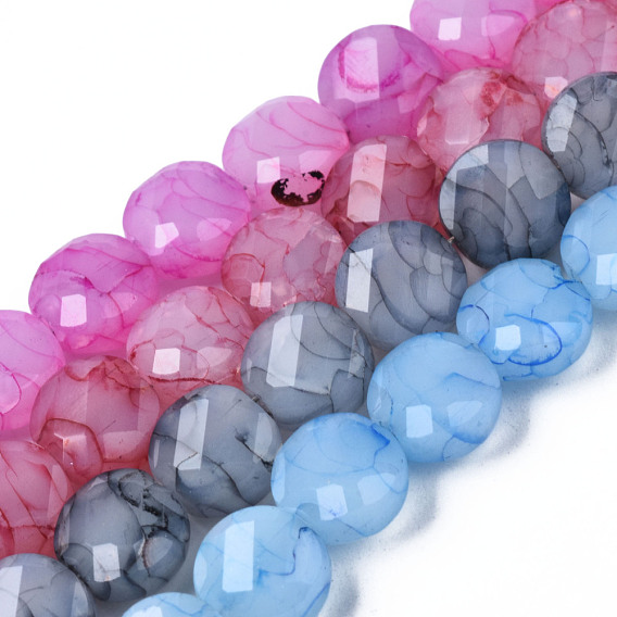 Mèches de perles de verre craquelé peintes au four opaque, plat rond, facette