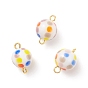 Handmade Lampwork Connector Charms, with Brass Double Loops, Round with Colorful Polka Dot Pattern