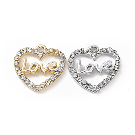 Alloy Crystal Rhinestone Pendants, Heart with Word Love Charms