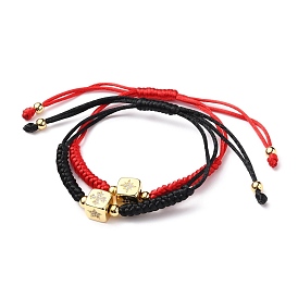 Adjustable Nylon Thread Braided Bead Bracelets, with Golden Plated Brass Micro Pave Cubic Zirconia Beads, Cube with Star