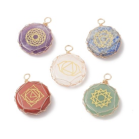 Copper Wire Wrapped Mixed Stone Pendants, Chakra Flat Round Charms, Light Gold