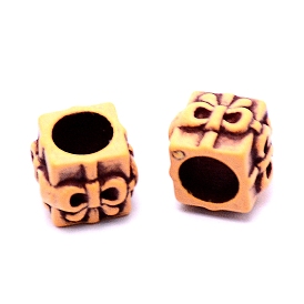 Cuentas de plástico, imitación madera, agujero grande, cubo con bowknot