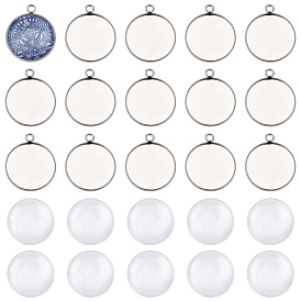 SUNNYCLUE DIY Pendant Making Kits, including 304 Stainless Steel Pendant Cabochon Settings and 25mm Transparent Clear Glass Cabochons, Flat Round
