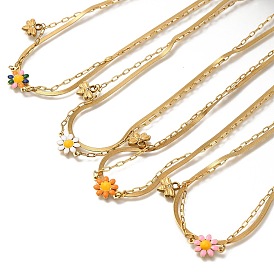 Ion Plating(IP) 304 Stainless Steel Enamel Double Layer Flower & Bees Pendant Necklaces for Women, Real 14K Gold Plated