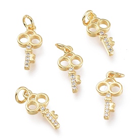 Brass Micro Pave Clear Cubic Zirconia Charms, with Jump Rings, Long-Lasting Plated, Key