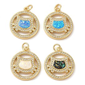Rack Plating Brass Micro Pave Clear Cubic Zirconia Pendants, with Opal, Cadmium Free & Lead Free, Long-Lasting Plated, Real 18K Gold Plated, Flat Round