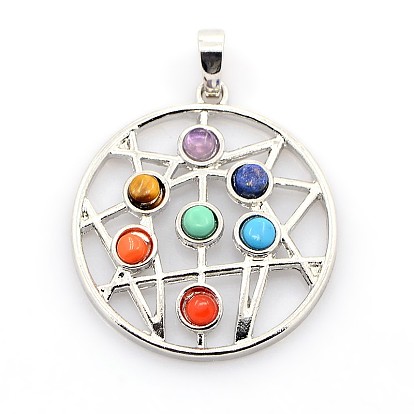 Chakra cru pendentifs bijoux de pierres précieuses, avec les accessoires en alliage, plat rond, platine