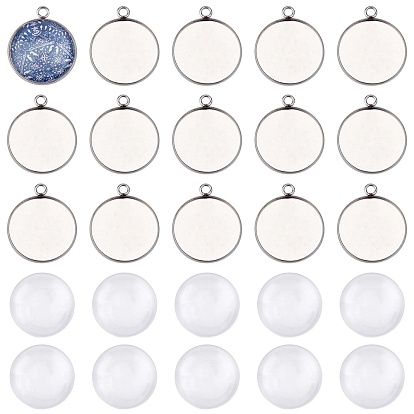 DIY Pendant Making Kits, including 304 Stainless Steel Pendant Cabochon Settings and 25mm Transparent Clear Glass Cabochons, Flat Round