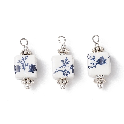 Подвески из фарфора ручной работы с принтом, кубические, с тибетским стилем сплава и латуни