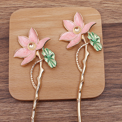 Alloy Enamel Lotus Hair Sticks, Long-Lasting Plated Cabochon Settings, Hair Accessories for Women