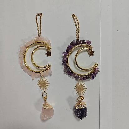 2Piezas de adornos colgantes de cuarzo rosa y amatista natural, con fornituras de latón dorado, luna