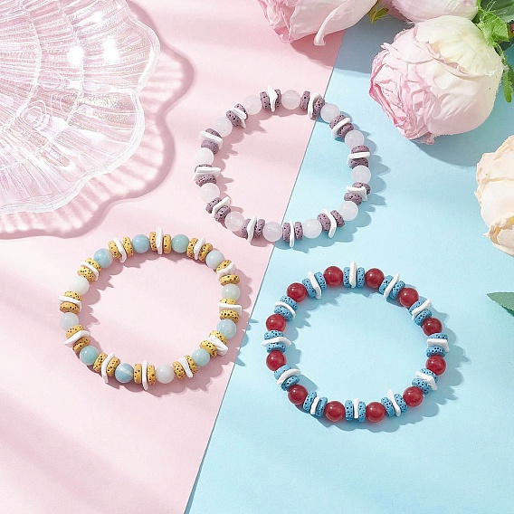 3Pcs Round Natural White Jade & Amazonite & Dyed Malaysia Jade Beads Stretch Bracelets, with Natural Lava Rock Chip Beads