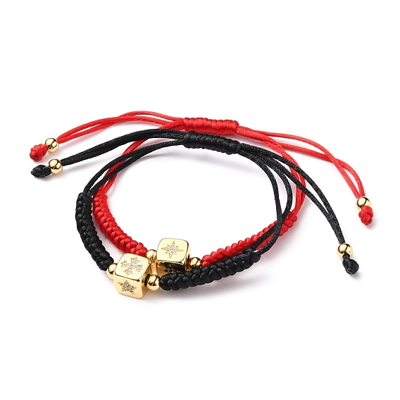Adjustable Nylon Thread Braided Bead Bracelets, with Golden Plated Brass Micro Pave Cubic Zirconia Beads, Cube with Star