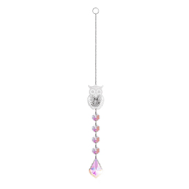 AB Color Teardrop Glass Suncatchers, with Iron Owl and Glass Octagon Bead, Wall Pendant Hanging Ornament for Home Garden Decoration