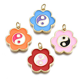 Brass Enamel Pendants, Nickel Free, Real 16K Gold Plated, with Jump Ring, Flower with Yin Yang