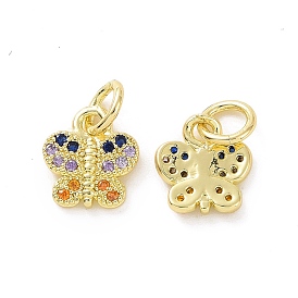Brass Micro Pave Colorful Cubic Zirconia Charms, with Jump Ring, Butterfly Charm