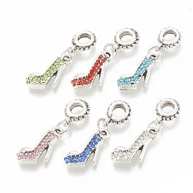 Alloy Rhinestone European Dangle Charms, Large Hole Pendants, High-Heel Shoes, Antique Silver