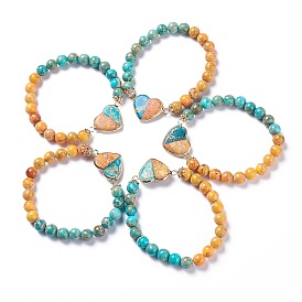 Браслеты с сердечками из натуральных драгоценных камней, с легкой позолоченной латунной фурнитурой, круглые