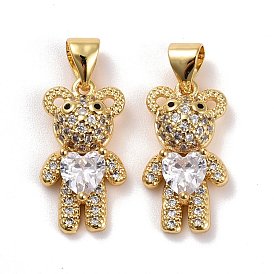 Brass Micro Pave Cubic Zirconia Pendants, Real 18K Gold Plated, Lead Free & Cadmium Free, Bear with Heart