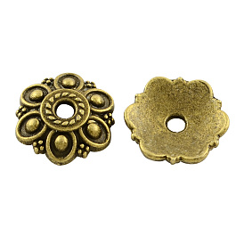 Tibetan Style Alloy Flower Bead Caps, 6-Petal, Cadmium Free & Lead Free, 14x13x3mm, Hole: 2mm