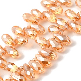 Electroplate Transparent Glass Beads Strands, Pearl Luster Plated, Faceted, Teardrop, Top Drilled