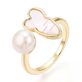 Natural Pearl Open Cuff  Ring with Msilver-Lipped Pearl Oyster, Brass Finger Rings, Carrot