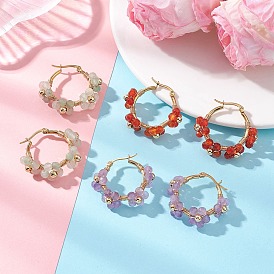 Серьги-кольца из латуни с цветком и натуральными драгоценными камнями, С 304 результатами из нержавеющей стали, золотые