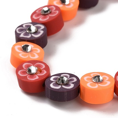 Handmade Polymer Clay Beads Strands, with Seed Beads and Rhinestone, Flat Round with Flower Pattern