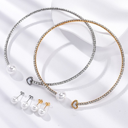 Круглые пластиковые серьги-гвоздики с имитацией жемчуга и комплекты колье-чокеров со стразами, сердце 304 комплект украшений из нержавеющей стали для женщин