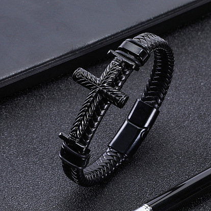 Плетеные браслеты из искусственной кожи для мужчин, крестик, с магнитной застежкой сплава