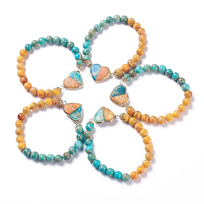 Браслеты с сердечками из натуральных драгоценных камней, с легкой позолоченной латунной фурнитурой, круглые