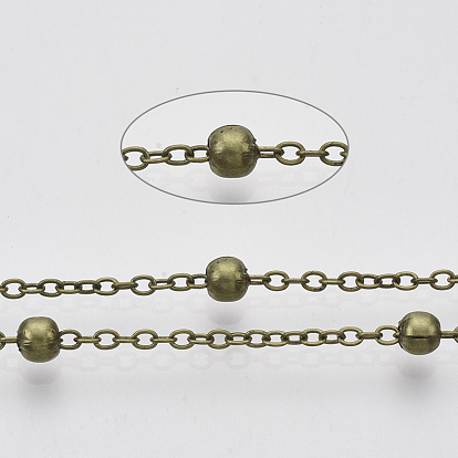 Brass Coated Iron Cable Chains, Satellite Chains, with Brass Round Beads, Soldered, with Spool, Flat Oval