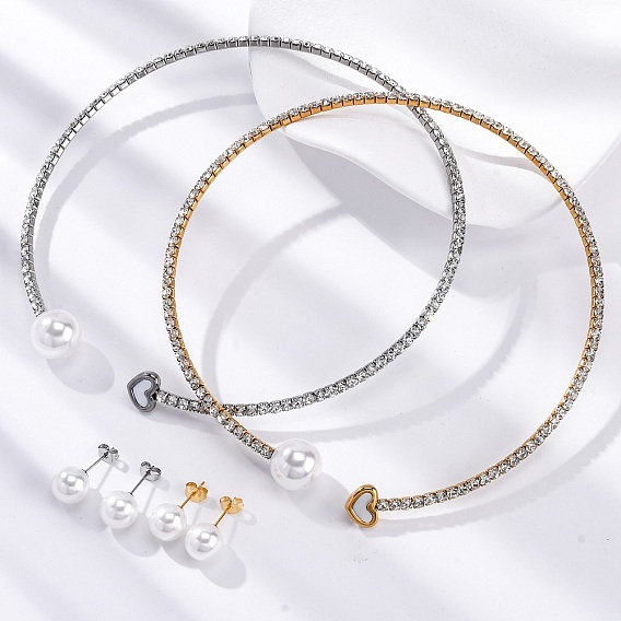 Круглые пластиковые серьги-гвоздики с имитацией жемчуга и комплекты колье-чокеров со стразами, сердце 304 комплект украшений из нержавеющей стали для женщин