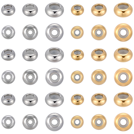 36 шт 6 стили 304 бусины из нержавеющей стали, с резиной внутри, ползунки, рондель